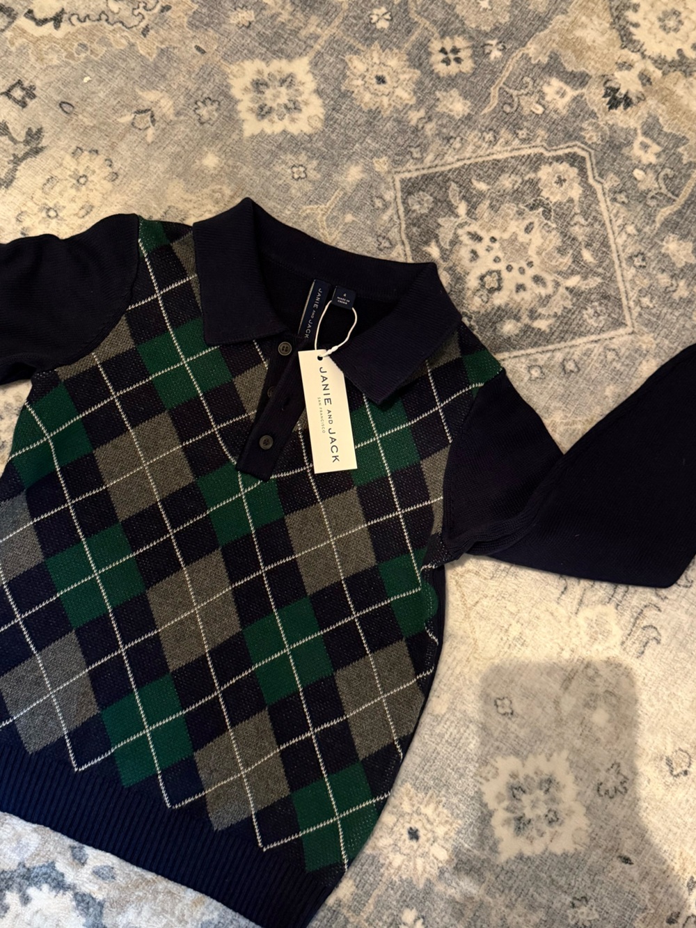 Janie and Jack Navy, Green & Gray Argyle V‑Neck Polo Sweater